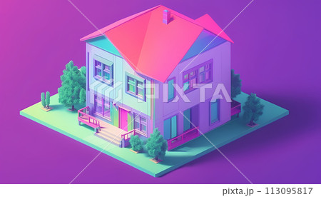 Isometric view of a detached single-family house in very colorful color combinations of the eighties - ai generated 113095817