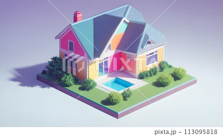 Isometric view of a detached single-family house in very colorful color combinations of the eighties - ai generated 113095818