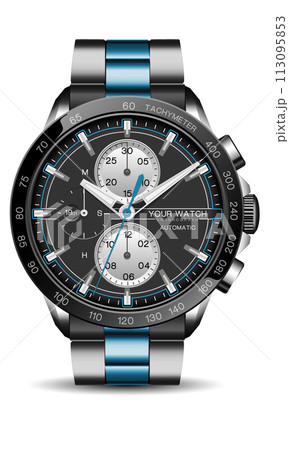 Realistic watch clock chronograph black blue steel line white number face for men design luxury on white background vector 113095853
