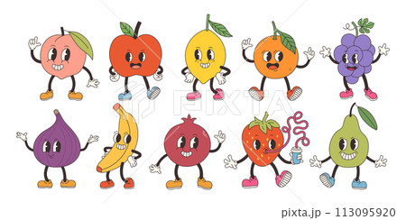 Groovy fruits set. Hand draw Funny Retro vintage trendy style fruits cartoon character. Doodle Comic collection 113095920