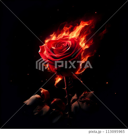 One red rose withered, long stem, thorns, petals on fire On a black background 113095965