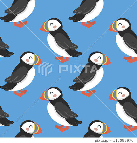 Seamless pattern with cute hand draw cartoon puffin on blue background. Design for printing, textile, fabric. Vector illustration Seamless pattern with cute hand draw cartoon puffin on blue background. Design for printing, textile, fabric. Vector illustration 113095970
