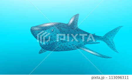 Ocean shark bottom view from below. Open toothy dangerous mouth with many teeth. Underwater blue sea waves clear water shark vector illustration 113096311