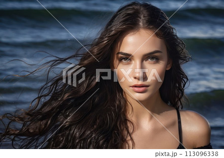 Portrait beautiful model woman with wet flowing healthy long hair and beauty skin, sea waves on 113096338