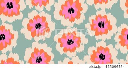 Exotic hand drawn flowers, seamless patterns embroidery style with floral for fabric, textiles, wrapping paper, cover, wall art, home decor, abstract backgrounds. Vector illustration. 113096554
