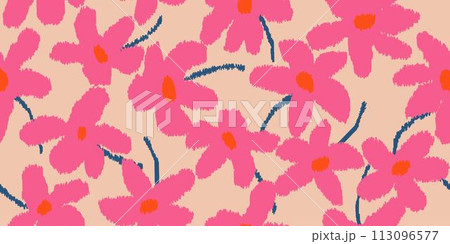 Exotic hand drawn flowers, seamless patterns embroidery style with floral for fabric, textiles, wrapping paper, cover, wall art, home decor, abstract backgrounds. Vector illustration. 113096577