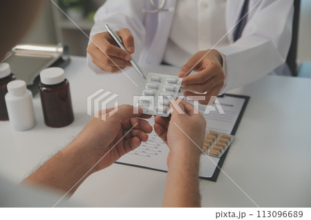 Healthcare service and pharmacy worker with customer at store counter for medication explanation. Pharmaceutical advice and opinion of pharmacist helping girl with medicine information. 113096689