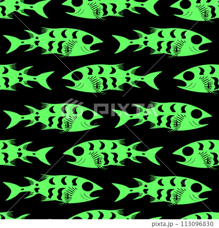 simple seamless pattern of green graphic fish on a black background, texture, design simple seamless pattern of green graphic fish on a black background, texture, design 113096830