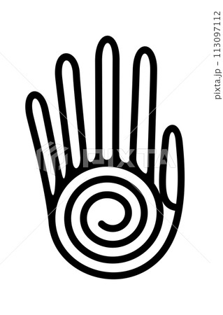 Human hand with spiral, healing hand symbol of native Americans. Decorative Aztec clay stamp motif, found in pre-Columbian San Andres Tuxtla, Veracruz. Fingers connected with a linear spiral as palm. 113097112