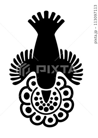 Hummingbird over a flower, motif and symbol of Aztec god Huitzilopochtli, whose name means Huitzilin or Hummingbird of the South. Decorative Aztec clay stamp motif found in pre-Columbian Mexico City. 113097113