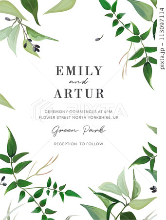 Elegant minimalist greenery garden wedding invite, save the date. Jasmine leaves, vines, branches, berries editable watercolor style vector illustration. Botanical, classy floral frame, natural wreath Elegant minimalist greenery garden wedding invite, save the date. Jasmine leaves, vines, branches, berries editable watercolor style vector illustration. Botanical, classy floral frame, natural wreath 113097114