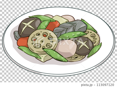 Colorful simmered dishes served on a white plate Colorful simmered dishes served on a white plate 113097120