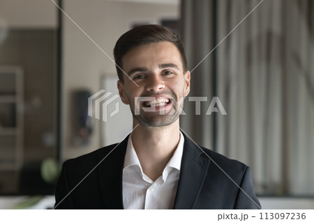 Cheerful handsome business man in formal jacket looking at camera Cheerful handsome business man in formal jacket looking at camera 113097236