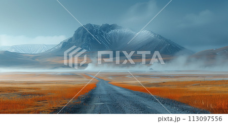 landscape of deserted valley with thermal springs 113097556