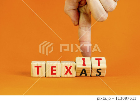 Texas or Texit symbol. Concept word Texas or Texit on beautiful wooden cubes. Beautiful orange table orange background. Businessman hand. Business Texas or Texit concept. Copy space. Texas or Texit symbol. Concept word Texas or Texit on beautiful wooden cubes. Beautiful orange table orange background. Businessman hand. Business Texas or Texit concept. Copy space. 113097613