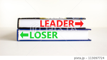 Leader or loser symbol. Concept word Leader or Loser on beautiful books. Beautiful white table white background. Business and leader or loser concept. Copy space. 113097724