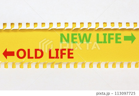 New or old life symbol. Concept word New life Old life on beautiful yellow paper. Beautiful white paper background. Business and new or old life concept. Copy space. 113097725