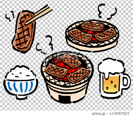 Hand-drawn illustration set of grilled meat (pickled with chopsticks), heaping amount of rice, and beer Hand-drawn illustration set of grilled meat (pickled with chopsticks), heaping amount of rice, and beer 113097825
