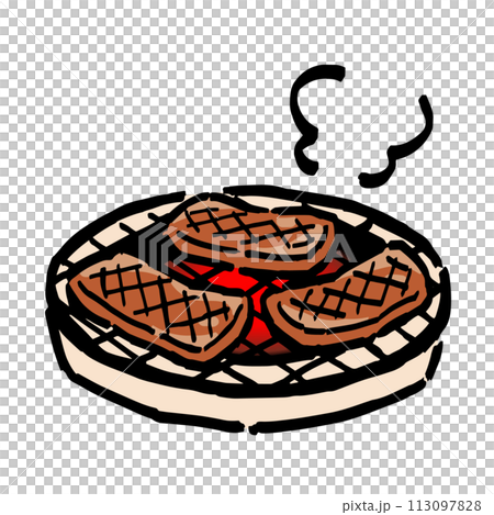 Hand-drawn illustration of yakiniku grilled on a charcoal grill (upper part only) Hand-drawn illustration of yakiniku grilled on a charcoal grill (upper part only) 113097828