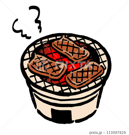 七輪で焼く焼肉の手描きイラスト 七輪で焼く焼肉の手描きイラスト 113097829