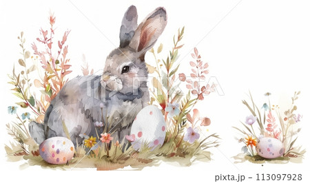 Cute Bunny and Easter Eggs in Floral Meadow Watercolor Illustration. Easter Artistic Decorative Background. Invitation and Greeting Card Template. 113097928