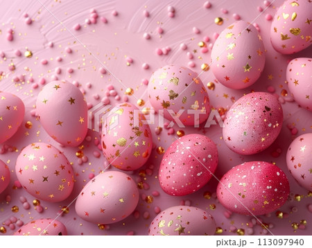 Pink and Golden Easter Eggs Background. Holiday Minimal Aesthetic Wallpaper with Easter Eggs and Copy Space. Pink and Golden Easter Eggs Background. Holiday Minimal Aesthetic Wallpaper with Easter Eggs and Copy Space. 113097940