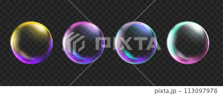 Colorful Bubbles isolated on black background. Realistic transparent neon soap bubble with glares. Shiny bright soapy circles 113097978