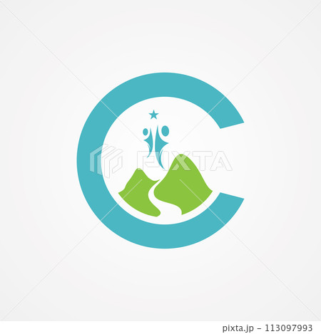 Letter C with mountain graphic in flat style with people Letter C with mountain graphic in flat style with people 113097993