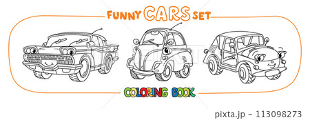 Funny small retro cars with eyes coloring book set Funny small retro cars with eyes coloring book set 113098273