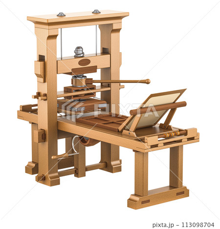 Gutenberg press, vintage printing press, 3D rendering Gutenberg press, vintage printing press, 3D rendering 113098704