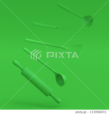 Wooden kitchen utensils, tools and equipment on green monochrome background. 113098872