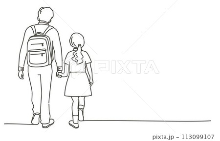 A man and a girl are walking together, with the girl holding the man's hand 113099107