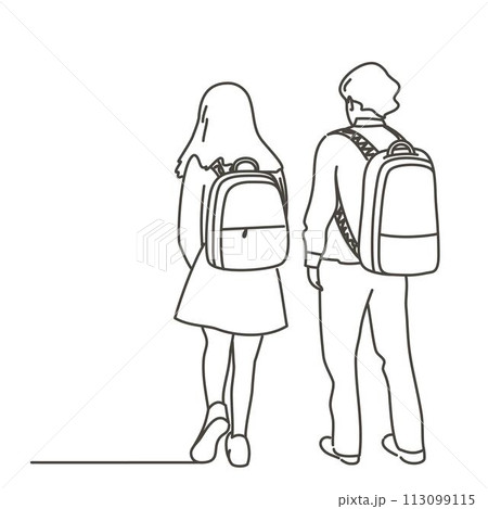 Two people walking with backpacks 113099115