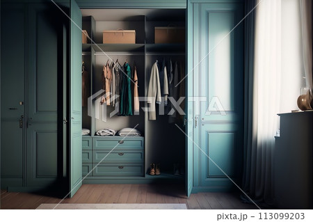 Open vintage wardrobe with neatly organized clothes Open vintage wardrobe with neatly organized clothes 113099203