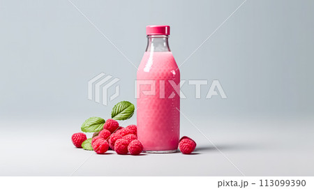 Tonic raspberry water with berries in a bottle on a pink background 113099390