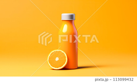 Orange juice in a glass bottle on an orange backdrop. 113099432