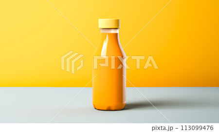 Orange juice in a glass bottle, vibrant background. 113099476