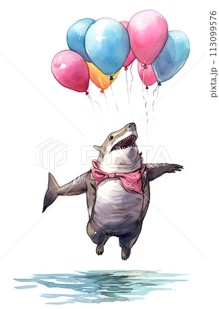 A charming watercolor shark, buoyed by vibrant balloons 113099576