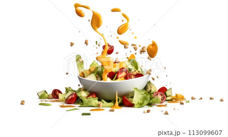 Vibrant vegetable salad with artistic sauce splashes 113099607