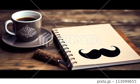 A coffee cup adorned with a black paper mustache, a heart tag, and glasses 113099655