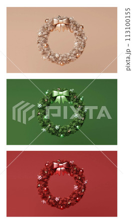 3d Christmas Wreath podium. Realistic 3d design stage podium. Decorative festive elements glass bauble balls. Xmas holiday template podium. 113100155