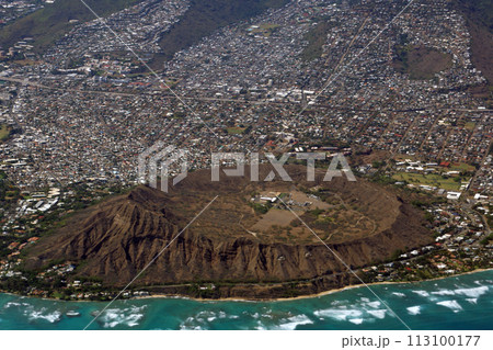 Aerial view of Diamondhead, Kapiolani Park, Waikiki, Ala Wai Canal and Kapahulu town 113100177