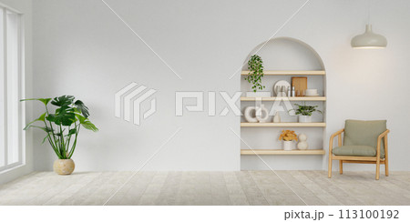Modern minimalist interior with an armchair and plant on empty white wall background.3D rendering 113100192