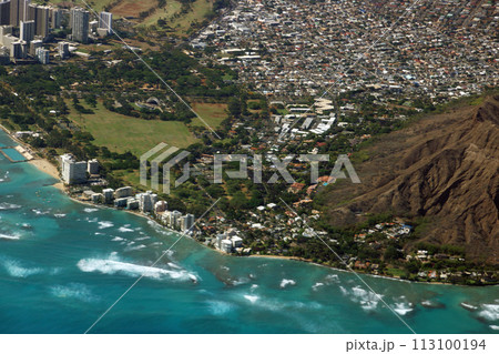 Aerial view of Diamondhead, Kapiolani Park, Waikiki, Shell, Kapahulu town, Pacific ocean, waves, and Ala Wai Golf Course 113100194