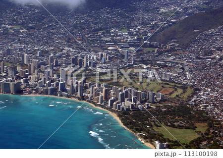 Aerial view of Diamondhead, Kapiolani Park, Waikiki, Shell, Ala Wai Canal, Kapahulu town, Highway, Pacific ocean Aerial view of Diamondhead, Kapiolani Park, Waikiki, Shell, Ala Wai Canal, Kapahulu town, Highway, Pacific ocean 113100198