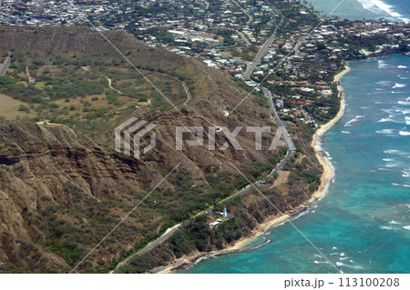 Aerial view of Diamond Head Crater, Lighthouse, Beach, Black Point and Kahala on Oahu Aerial view of Diamond Head Crater, Lighthouse, Beach, Black Point and Kahala on Oahu 113100208