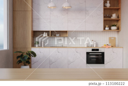 Stylish top tabletop on wooden platform with copy space at blurry kitchen utensils and dishes on light wall background. 3D render illustration 113100222