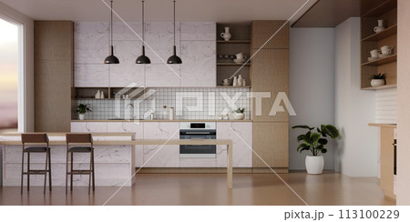 Modern Contemporary kitchen room interior .white marble and wood material. 3D rendering. Modern Contemporary kitchen room interior .white marble and wood material. 3D rendering. 113100229