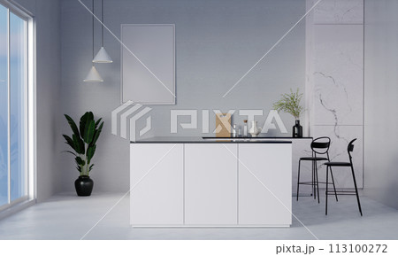 Blank vertical poster frame mock up in Elegant contemporary kitchen room on light wall background. 3D render illustration 113100272