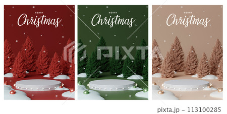 3d Christmas tree podium. Realistic 3d design stage podium. Decorative festive elements glass bauble balls. Xmas holiday template podium. 113100285